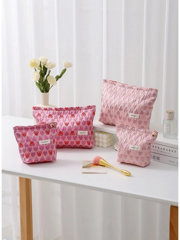 Jacquard Leinwand Kosmetiktasche Relief Herzmuster Tragbare Reise Make-up Tasche Süßer Koreanischer Stil Reißverschluss Für Frauen