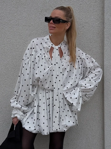 Polka Dot Top And Skirt Set Women Lantern Sleeve Bow Tie Neck Shirt Ruffle Mini Skirt Retro Elegant Casual Outfit