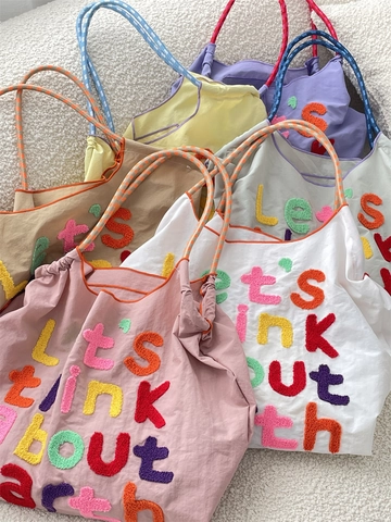 Women Large Capacity Tote Bag Chenille Letter Embroidery Casual Shoulder Handbag Portable Shopper Polyester