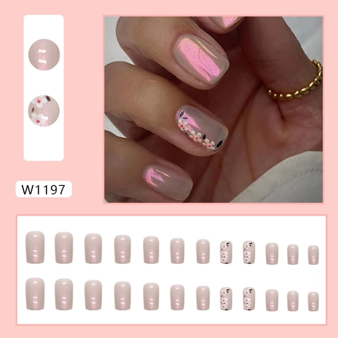 Künstliche Fingernägel Zum Aufdrücken ABS Aurora Pink Weiß Blumig Mittel Lang Quadratisch Für Frauen Süßer Stil