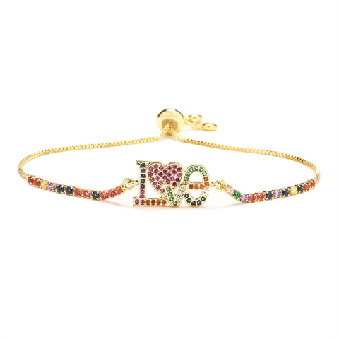 Adjustable Bolo Bracelet Copper Gold Plated With Colorful Micro Pave Zircon Heart Love Romantic Jewelry For Women