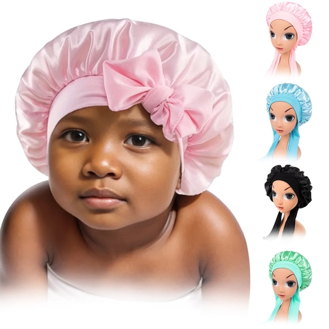Kids Satin Bonnet Sleep Cap Adjustable Long Ties Soft Satin Feeling Hair Care Turban Hat For Boys Girls Toddler