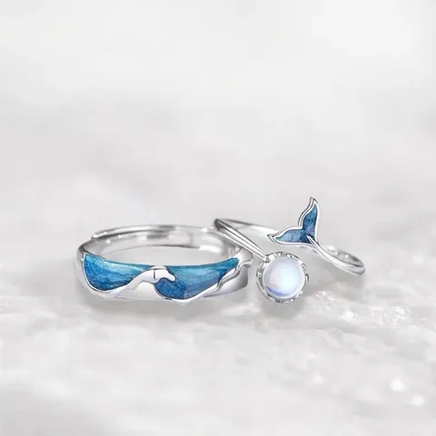 Whale Tail Couple Rings Sea Wave Enamel Moonstone Copper Adjustable Ocean Style Romantic Jewelry