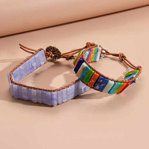 Handgefertigtes Gewebtes Armband Naturstein Lederseil Rechteckige Perlen Böhmischer Ethno-Stil Verstellbarer Wickelarmband Schmuck Für Frauen
