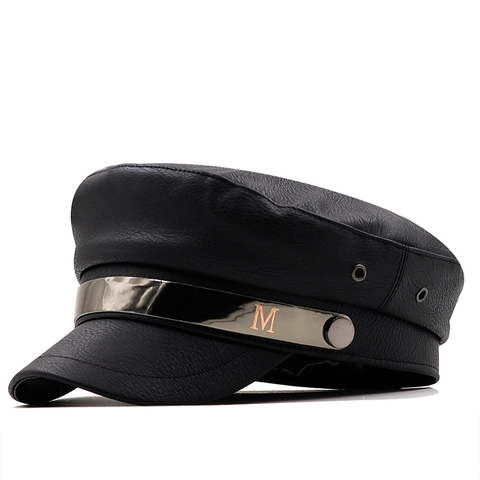 Berretto Militare In Pelle PU Da Donna Cappello Da Marinaio Retrò Con Distintivo In Metallo Lettera M Berretto Moda