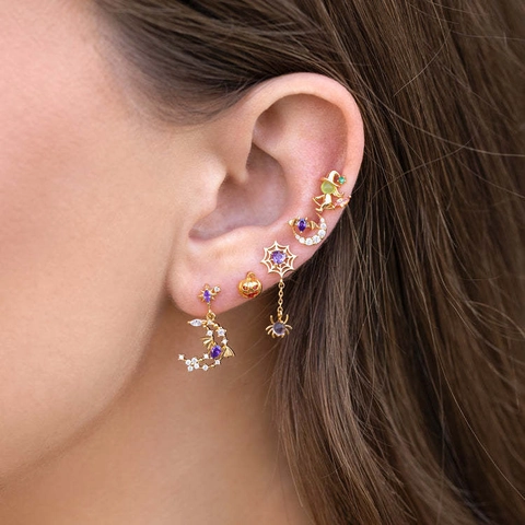 Halloween Stud Earrings Gothic Copper Zircon Spider Bat Witch Moon Jewelry With Stainless Steel Earring Post For Women