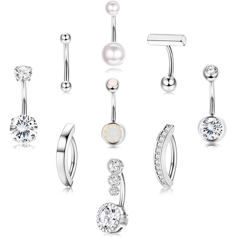 Belly Rings Navel Piercing Body Jewelry Stainless Steel With Zircon Artificial Pearl And Opal For Women Classic Style
