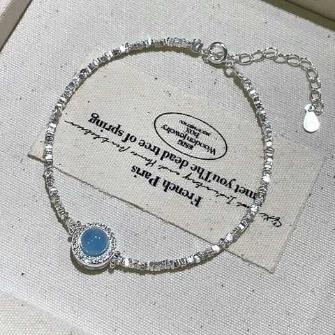 Elegant Bamboo Joint Aquamarine Blue Gemstone Bracelet For Women Silver Plated Copper With White Zircon French Style