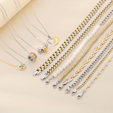 Herz Anhänger Halskette Edelstahl Zweifarbig Panzerkette Muschelperle Zirkon Mode Hip Hop Schmuck Für Damen