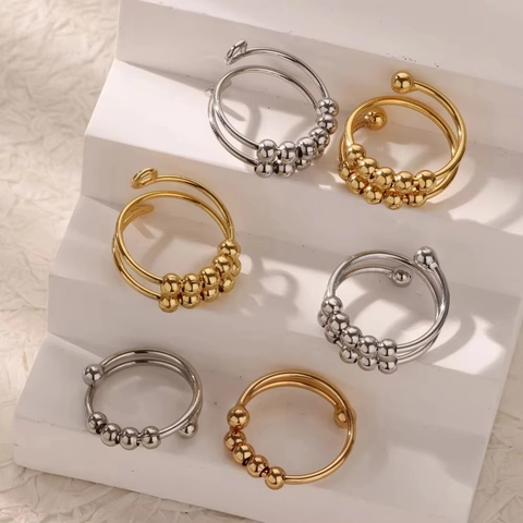 Minimalist Stainless Steel Anxiety Relief Spiral Ring For Women 18K Gold Plated Adjustable Fidget Ring With Moveable Beads