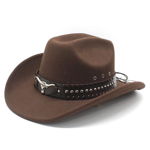 Western Cowboy Hat Cotton Polyester Felt Bull Head Metal Ornament Rivet Leather Band Retro Ethnic Style Wide Brim
