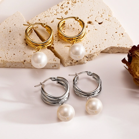 Orecchini Di Künstliche Perle Geometrici Cerchi Multi Strato Con Perno In Acciaio Inossidabile Stile Elegante Francese Per Donna