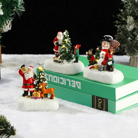 Christmas Desktop Figurine Resin LED Glowing Santa Claus Snowman Reindeer Miniature Xmas Home Decor Gift Luminous
