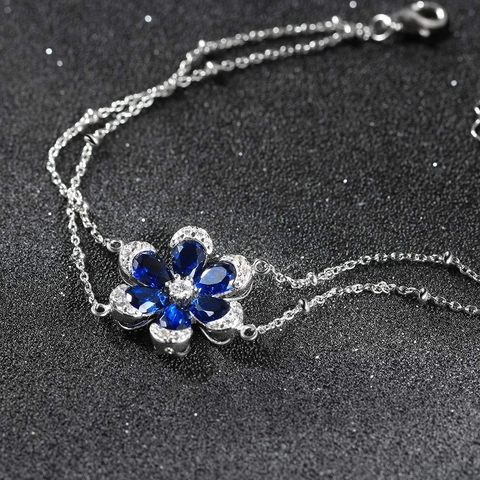 925 Sterling Silver Blue Flower Bracelet For Women Elegant Double Layer Bead Chain With Sparkling Zirconia Jewelry Gift