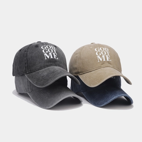 Casquette De Baseball En Coton Lavé Imprimé Lettres GOD GOT ME Bord Incurvé Ajustable Vintage Rétro Streetwear