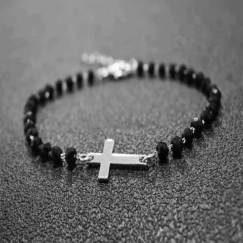 Bracciale Con Ciondolo Croce Cuore Stella Trifoglio Acciaio Inossidabile Perline Sfaccettate Nere Gioielli Regalo