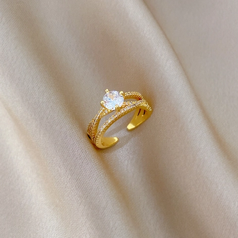 Twisted Cross Double Layer Adjustable Ring With Round Cubic Zirconia Gold Plated Copper Jewelry Gift For Women