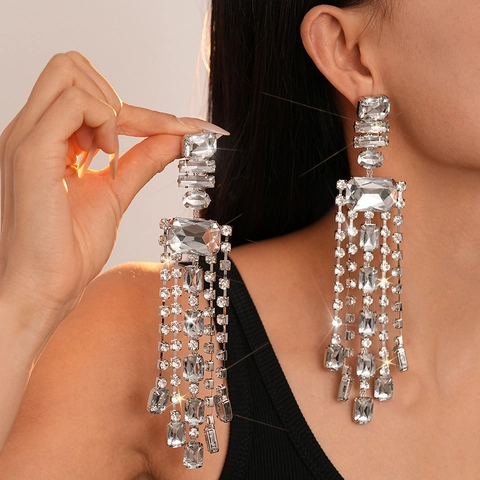 Orecchini Pendenti Con Nappe Di Strass Grandi Gioielli Da Sposa Di Lusso Per Donna Con Perno In Argento