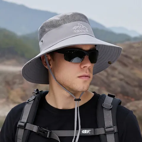 Outdoor Bucket Hat Wide Brim Breathable Mesh Windproof Drawstring Sun Protection Hiking Fishing Cotton Men Solid Color