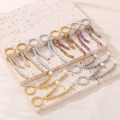 Kwastoorbellen Roestvrij Staal Vierkante Zirkonia Imitatieparel Geometrische Ring Lange Gehamerde Ketting Sieraden Voor Dames