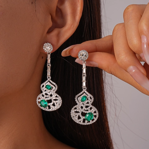 Boucles D'oreilles Pendantes Gourde Creuse Vintage Alliage Pierre Verte Strass Avec Tige En Argent 925 Pour Femmes