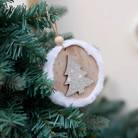 Adornos Colgantes De Navidad Colgantes De Madera Redondos Con Borde De Piel Sintética E Iconos De Purpurina Plateada