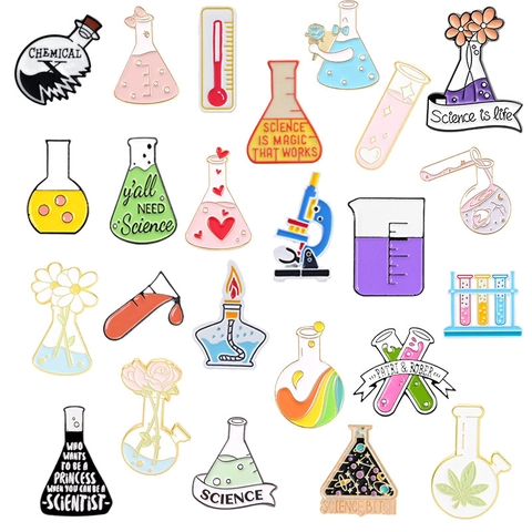 Broches De Esmalte De Laboratorio De Ciencias Aleación Química Vaso Microcopio Frasco Insignias Joyas Creativas