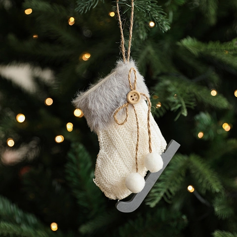 Ornamenti Per Guanti Da Slitta In Maglia Di Natale Filato Bianco Bordo In Pelliccia Sintetica Bottone In Legno Corda Di Juta Decorazione Festiva Dell'Albero