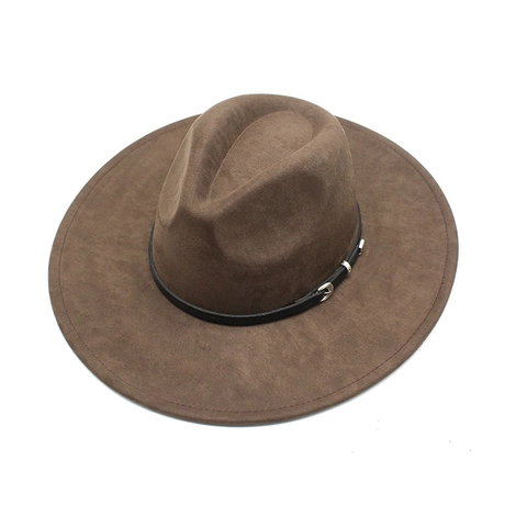 Wide Brim Fedora Hat Suede Polyester Felt With Leather Band Metal Buckle Retro Jazz Cowboy Style Unisex Cap