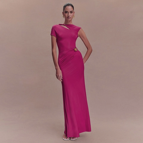 Elegante Abito Maxi Monospalla Con Arricciature Schiena Scoperta Abito Da Sera Con Spilla A Fiore Dorata Poliestere