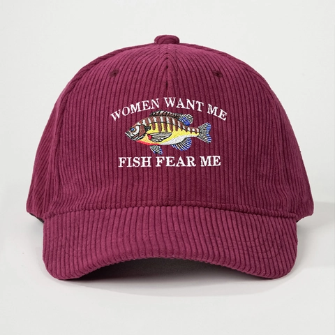 Women Want Me Fish Fear Me Fisch Stickerei Cord Baseballkappe Verstellbar Unisex Baumwolle Lässig Outdoor Sonnenhut