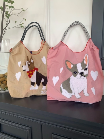Frauen Nylon Tote Bag Bestickte Tier Blumen Muster Große Kapazität Geflochtene Seilgriff Kordelzug Schulter Handtasche