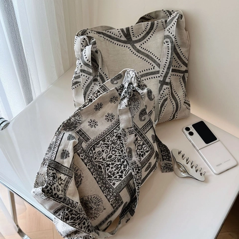 Borsa A Tracolla Vintage In Tela Di Cotone E Lino Con Tracolla Regolabile Stampa Paisley Geometrica Grande Capacità Borsa A Spalla