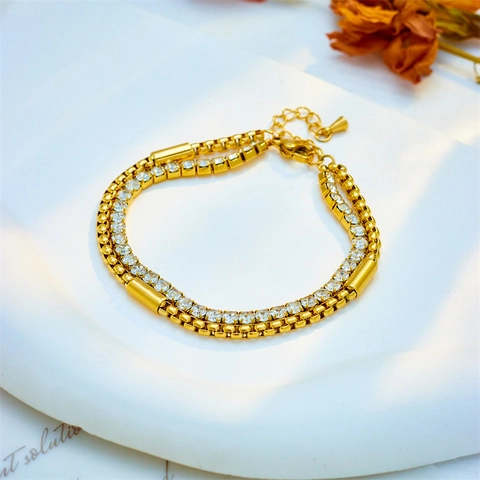 Bracciale a Catena in Acciaio al Titanio Placcato Oro a Doppio Strato Punk Hip Hop da Donna Con Strass Bianchi Regolabile