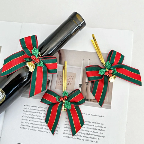 Nœuds De Décoration De Noël Avec Cloche Dorée Baies Feuilles De Houx Ruban Rayé Pour Emballage Cadeau Décoration Sapin