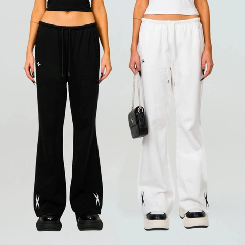 Women Flare Sweatpants Cotton Embroidered Cross Drawstring Waist Casual Lounge Long Pants