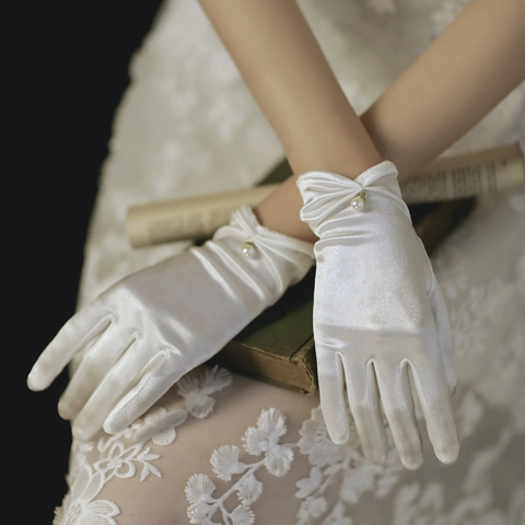 Damen Satin Spitze Hochzeitshandschuhe Künstliche Perle Schleife Braut Abend Party Kurze Handschuhe Fingerlose Tüll Formal Wear