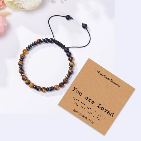 Bracciale Codice Morse Pietra Occhio Di Tigre Naturale Perline Opache Fatto A Mano Corda Intrecciata Regolabile Regalo Uomo Donna