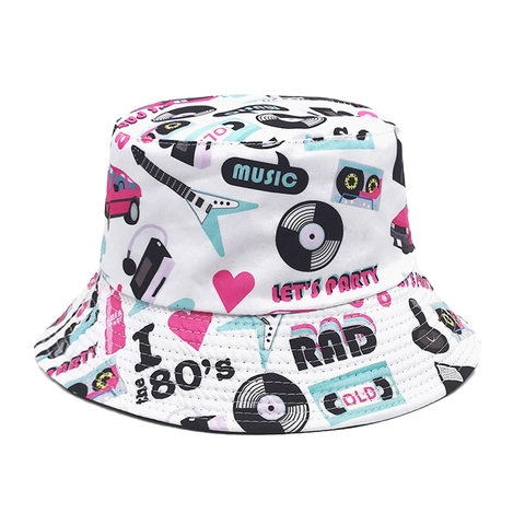 Chapeau Bob Motif Musique Années Quatre-Vingts Réversible Polyester Toile Protection Solaire Extérieur Voyage Vintage Pop Art Unisexe