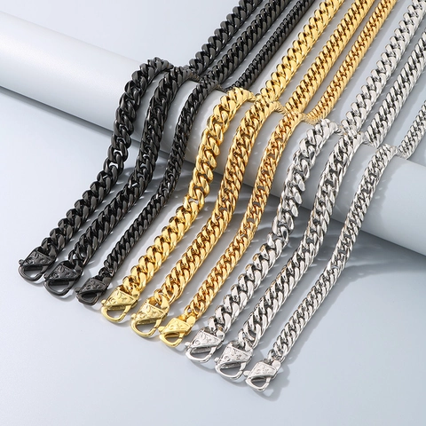 Stainless Steel Cuban Link Necklace And Bracelet Hip Hop Polished Curb Chain Patterned Clasp Jewelry For Men Women