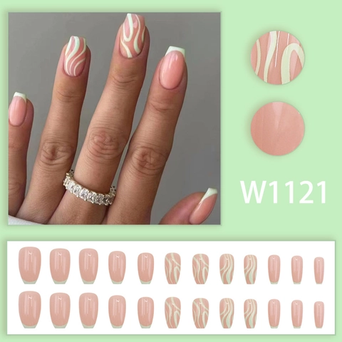 Press On Nails French Tip Pink White Wave Pattern Ballerina Shape Glossy Long False Nails For Women