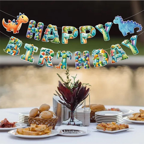 Decorazione Per Festa Di Compleanno Con Dinosauri Banner Happy Birthday E Ornamenti Appesi A Spirale Colorati Cartone PVC