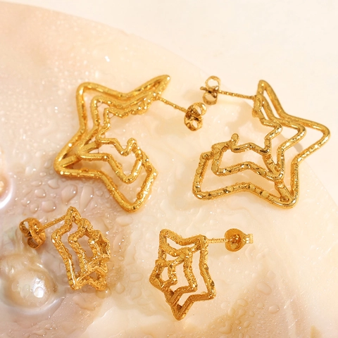 Niche Unique Textured Hollow Star Stud Earrings Stainless Steel Multi Layer Pentagram Earrings Gold For Women High End Jewelry