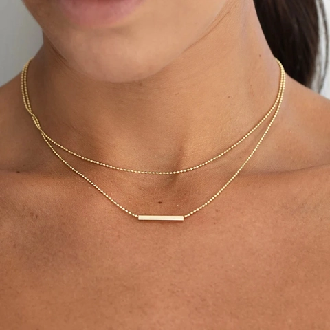 18K Gold Plated Stainless Steel Double Layer Necklace With Minimalist Bar Pendant And Ball Chain Jewelry For Women