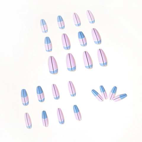 Unghie Finte Press On Forma A Bara Lunga Blocchi Di Colore Geometrici Rosa Blu Minimalista Plastica Per Donne