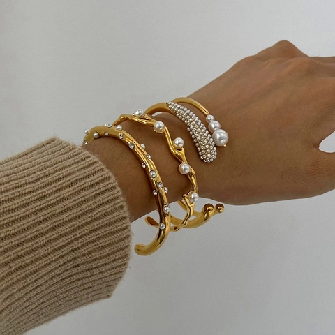 Bracelet Jonc Vintage Français En Acier Inoxydable Plaqué Or 18K Avec Künstliche Perle Et Zircon Pour Femme Style Rétro Ins