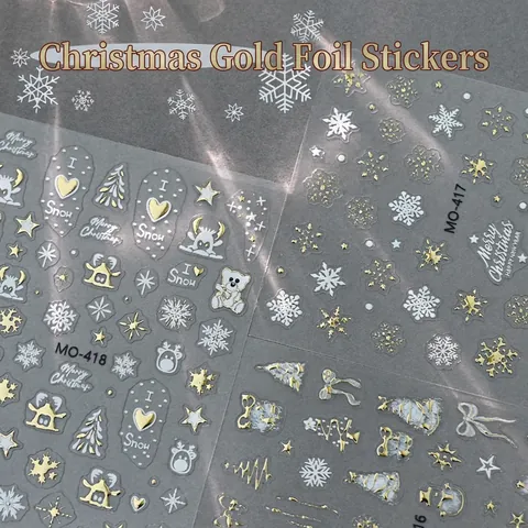 Autocollants Ongles Noël Relief 3D Marquage À Chaud Or Blanc Flocons De Neige Père Noël Renne Design Décoration Vacances Pour Femmes