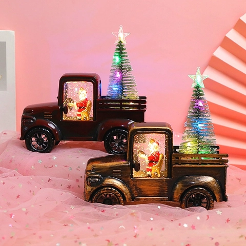 Décoration Tracteur Père Noël Noël LED Boule à Neige Camion Rétro Figurine Avec Paillettes Pour Table Fête Maison