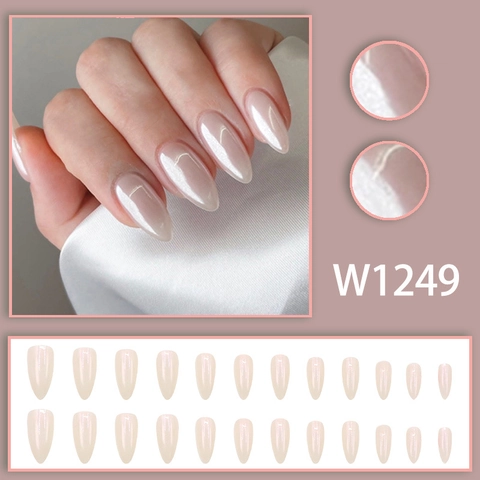 Unghie Finte Press On Forma Mandorla Bianco Aurora Perla Artificialto Lucido Eleganti Unghie Artificiali Per Donne E Ragazze