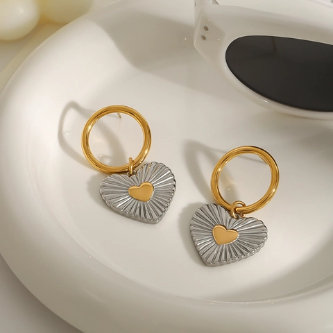 Pendientes de Aro Colgantes de Corazón de Acero Inoxidable Bicolor Textura Radiante Oro Plata para Mujer Joyería